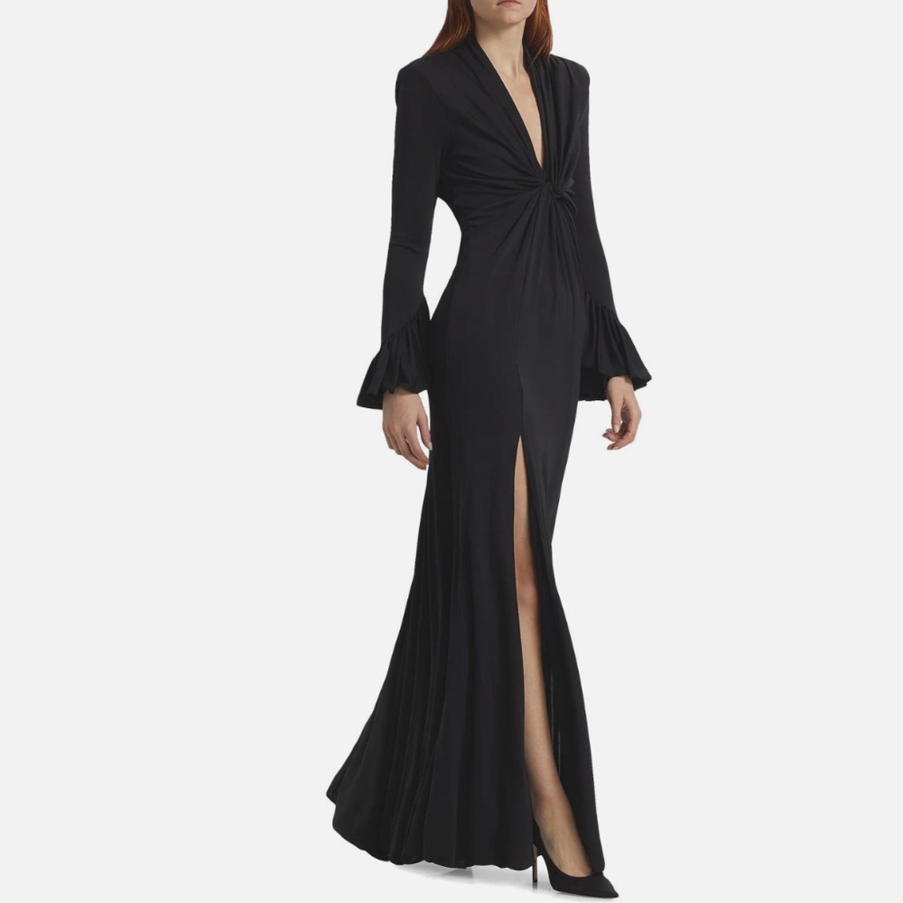 Cinq a Sept Black Plunging Gown Chic Twist Front Formal Slit Designer Size 10
